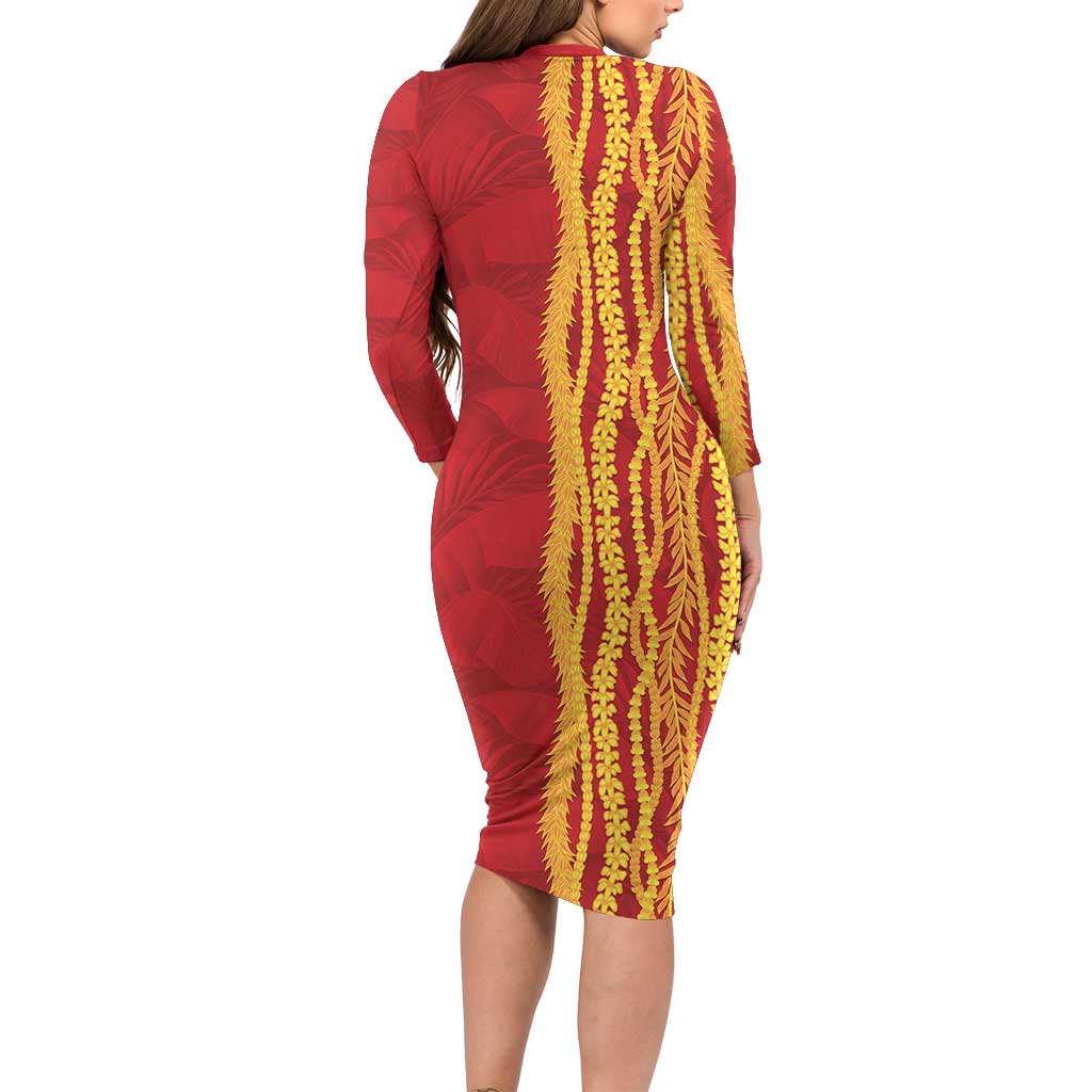 Hawaii Prince Kuhio Family Matching Long Sleeve Bodycon Dress and Hawaiian Shirt Red Hawaiian Lau Maia With Leis LT05 - Polynesian Pride