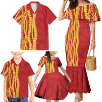 Hawaii Prince Kuhio Family Matching Mermaid Dress and Hawaiian Shirt Red Hawaiian Lau Maia With Leis