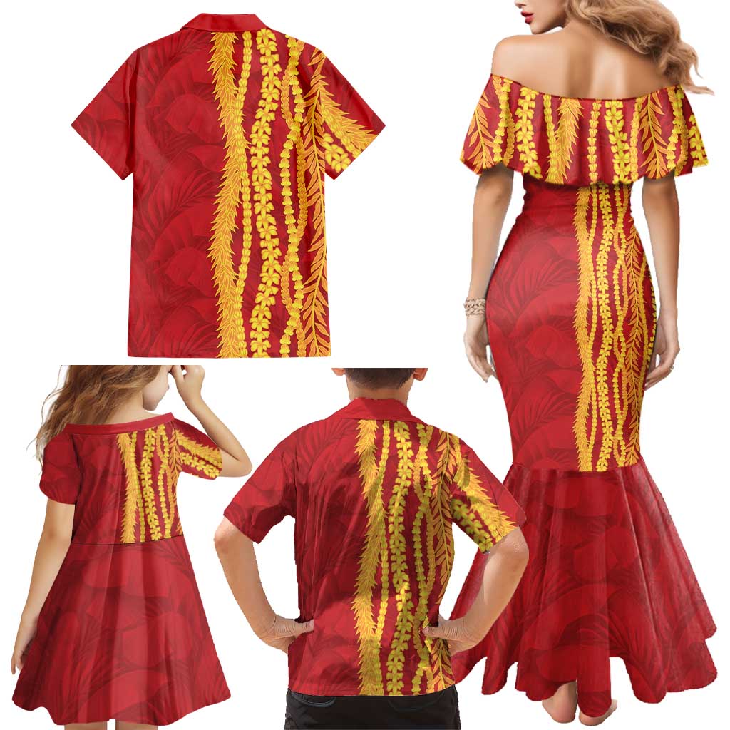 Hawaii Prince Kuhio Family Matching Mermaid Dress and Hawaiian Shirt Red Hawaiian Lau Maia With Leis