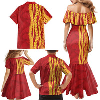 Hawaii Prince Kuhio Family Matching Mermaid Dress and Hawaiian Shirt Red Hawaiian Lau Maia With Leis