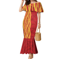 Hawaii Prince Kuhio Family Matching Mermaid Dress and Hawaiian Shirt Red Hawaiian Lau Maia With Leis