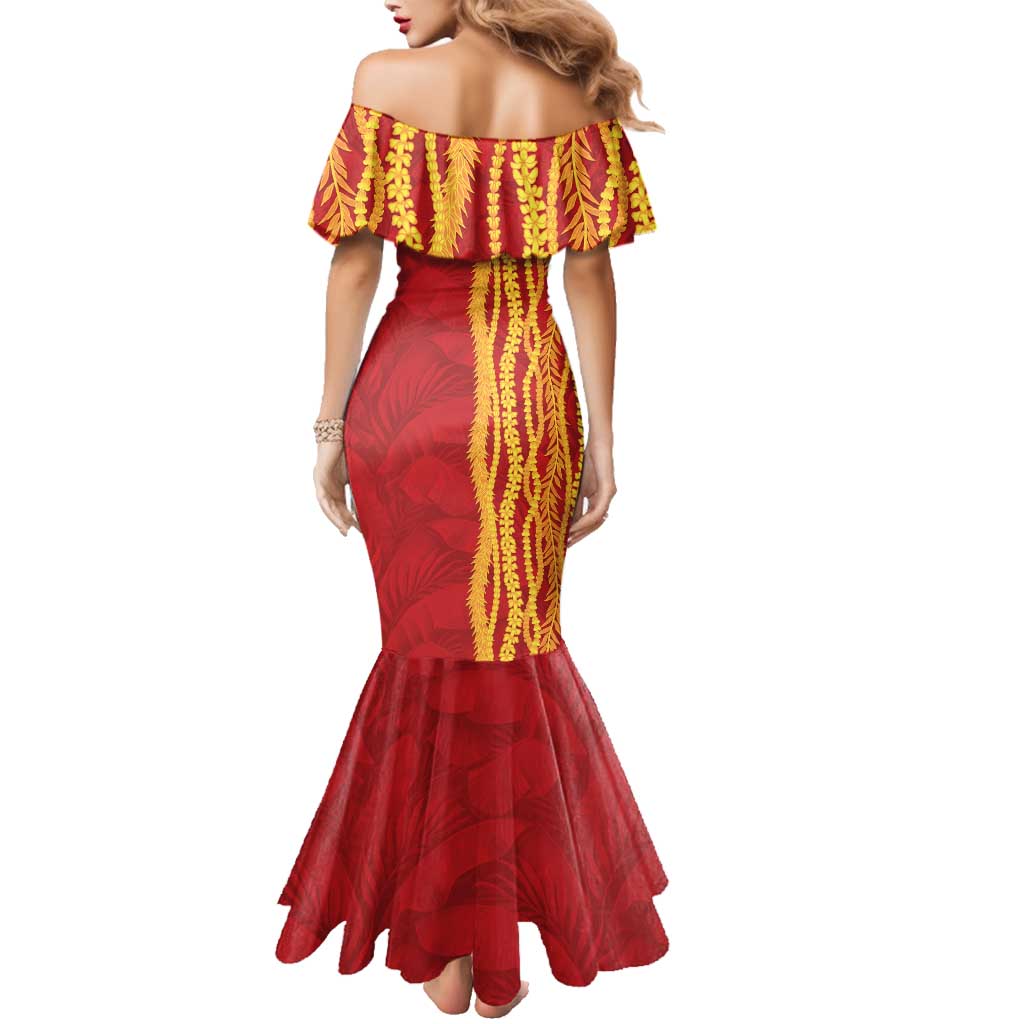 Hawaii Prince Kuhio Family Matching Mermaid Dress and Hawaiian Shirt Red Hawaiian Lau Maia With Leis