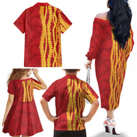 Hawaii Prince Kuhio Family Matching Off The Shoulder Long Sleeve Dress and Hawaiian Shirt Red Hawaiian Lau Maia With Leis