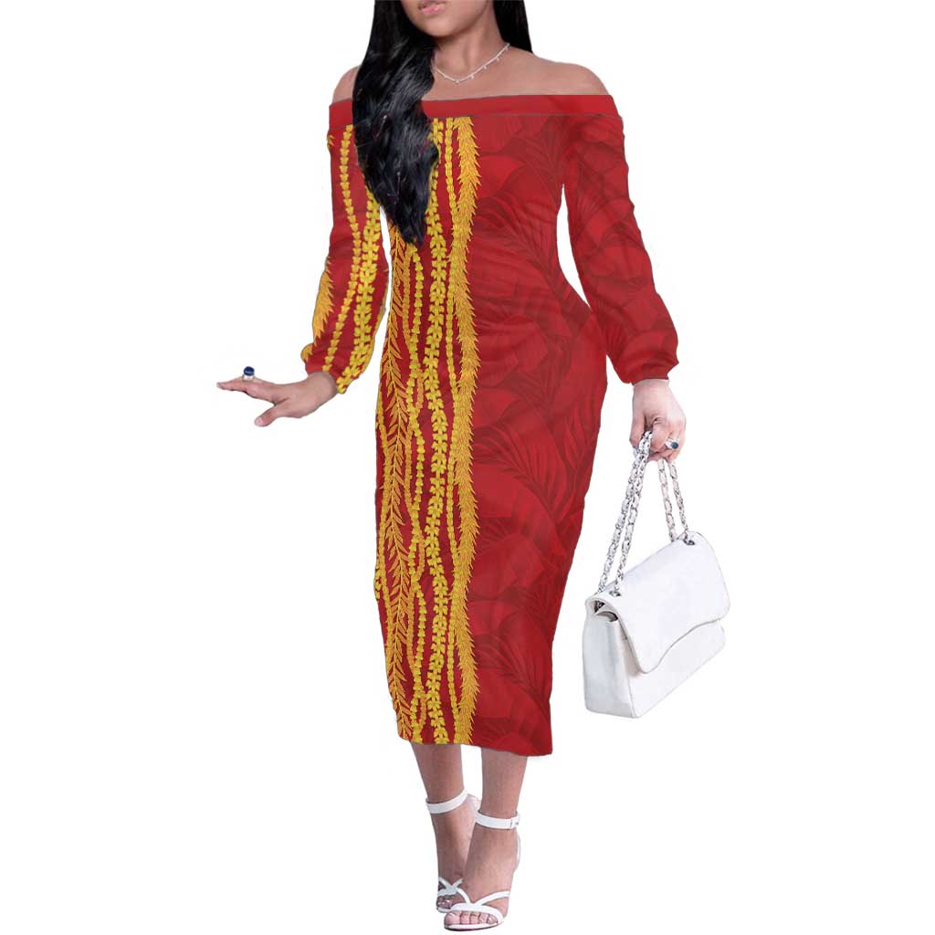 Hawaii Prince Kuhio Family Matching Off The Shoulder Long Sleeve Dress and Hawaiian Shirt Red Hawaiian Lau Maia With Leis