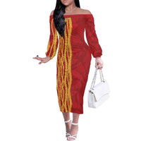 Hawaii Prince Kuhio Family Matching Off The Shoulder Long Sleeve Dress and Hawaiian Shirt Red Hawaiian Lau Maia With Leis