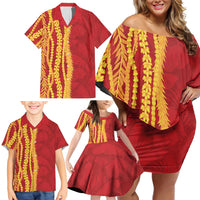 Hawaii Prince Kuhio Family Matching Off Shoulder Short Dress and Hawaiian Shirt Red Hawaiian Lau Maia With Leis