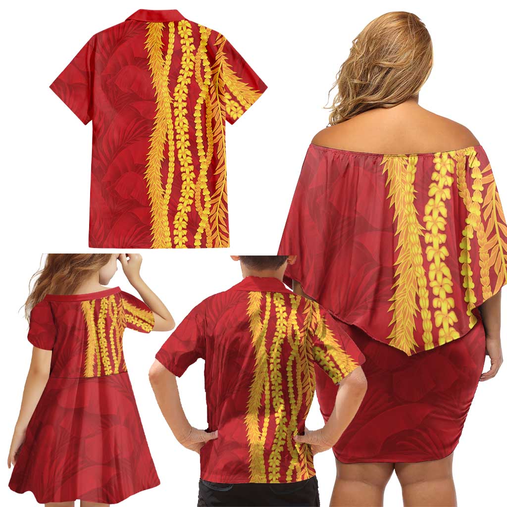 Hawaii Prince Kuhio Family Matching Off Shoulder Short Dress and Hawaiian Shirt Red Hawaiian Lau Maia With Leis