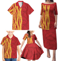 Hawaii Prince Kuhio Family Matching Puletasi and Hawaiian Shirt Red Hawaiian Lau Maia With Leis