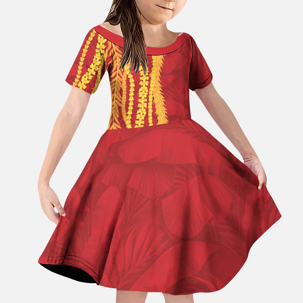 Hawaii Prince Kuhio Family Matching Short Sleeve Bodycon Dress and Hawaiian Shirt Red Hawaiian Lau Maia With Leis LT05 Daughter's Dress Red - Polynesian Pride