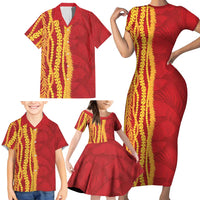 Hawaii Prince Kuhio Family Matching Short Sleeve Bodycon Dress and Hawaiian Shirt Red Hawaiian Lau Maia With Leis LT05 - Polynesian Pride