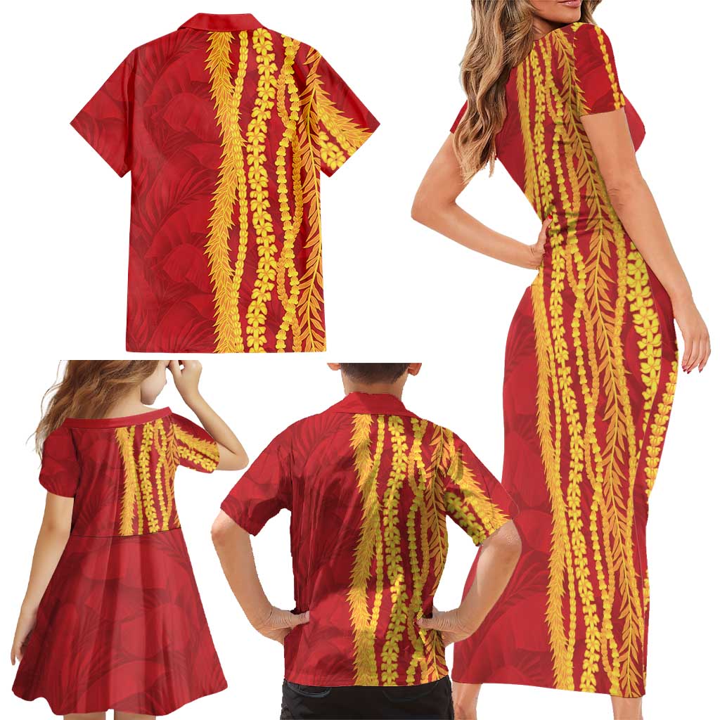 Hawaii Prince Kuhio Family Matching Short Sleeve Bodycon Dress and Hawaiian Shirt Red Hawaiian Lau Maia With Leis LT05 - Polynesian Pride