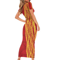 Hawaii Prince Kuhio Family Matching Short Sleeve Bodycon Dress and Hawaiian Shirt Red Hawaiian Lau Maia With Leis LT05 - Polynesian Pride