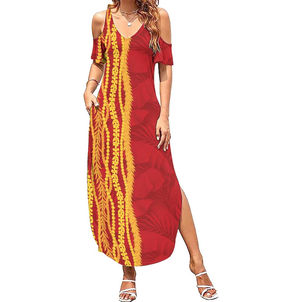 Hawaii Prince Kuhio Family Matching Summer Maxi Dress and Hawaiian Shirt Red Hawaiian Lau Maia With Leis
