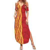 Hawaii Prince Kuhio Family Matching Summer Maxi Dress and Hawaiian Shirt Red Hawaiian Lau Maia With Leis