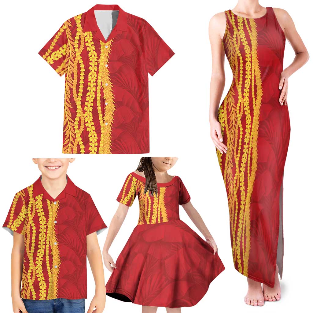 Hawaii Prince Kuhio Family Matching Tank Maxi Dress and Hawaiian Shirt Red Hawaiian Lau Maia With Leis