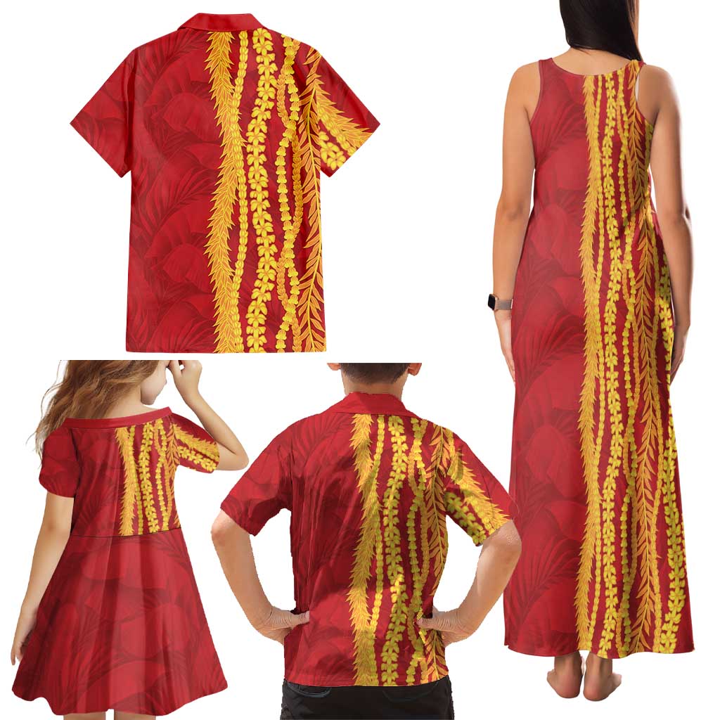 Hawaii Prince Kuhio Family Matching Tank Maxi Dress and Hawaiian Shirt Red Hawaiian Lau Maia With Leis