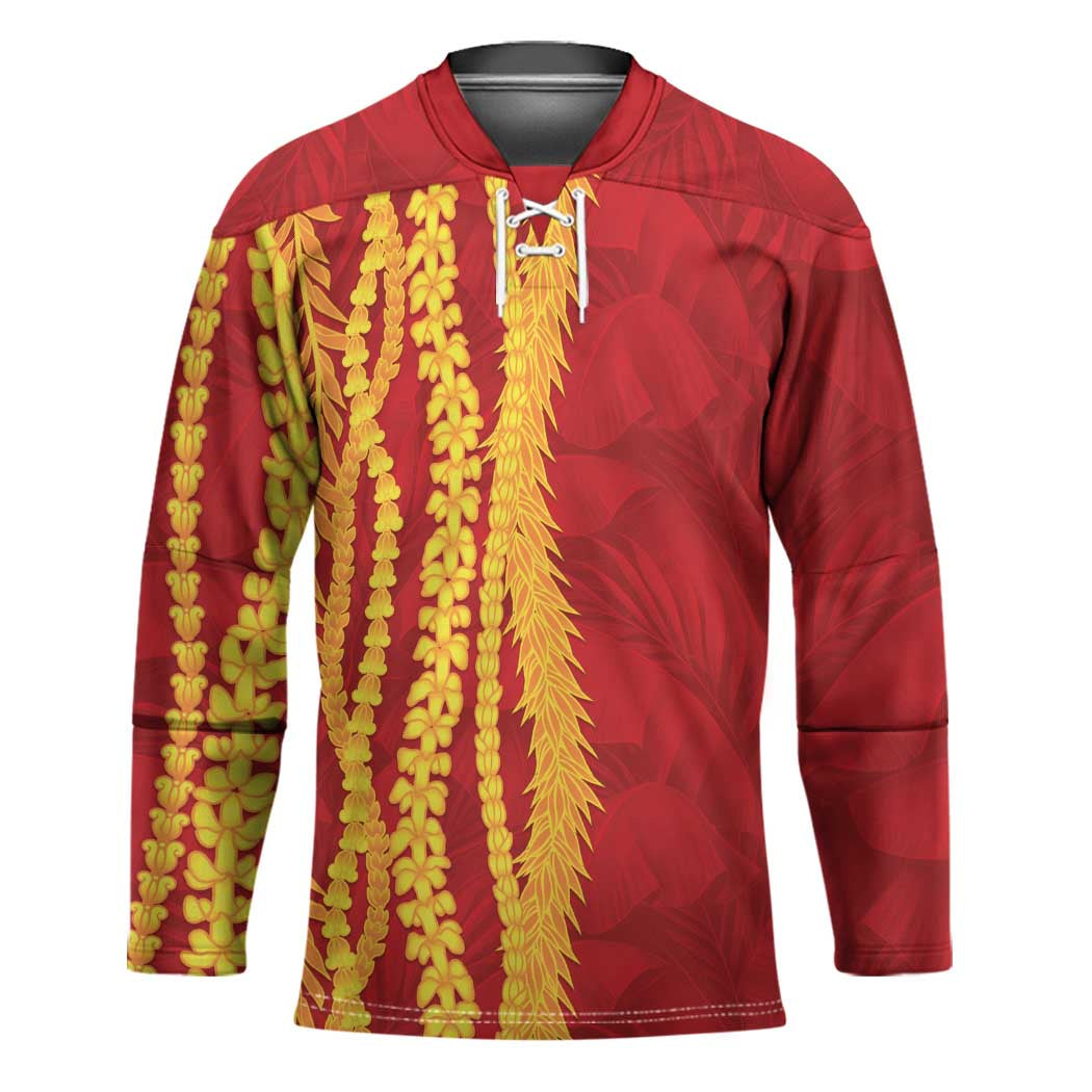 Hawaii Prince Kuhio Hockey Jersey Red Hawaiian Lau Maia With Leis