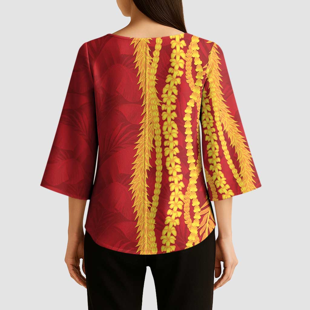 Hawaii Prince Kuhio Kimono Sleeve Blouse Red Hawaiian Lau Maia With Leis