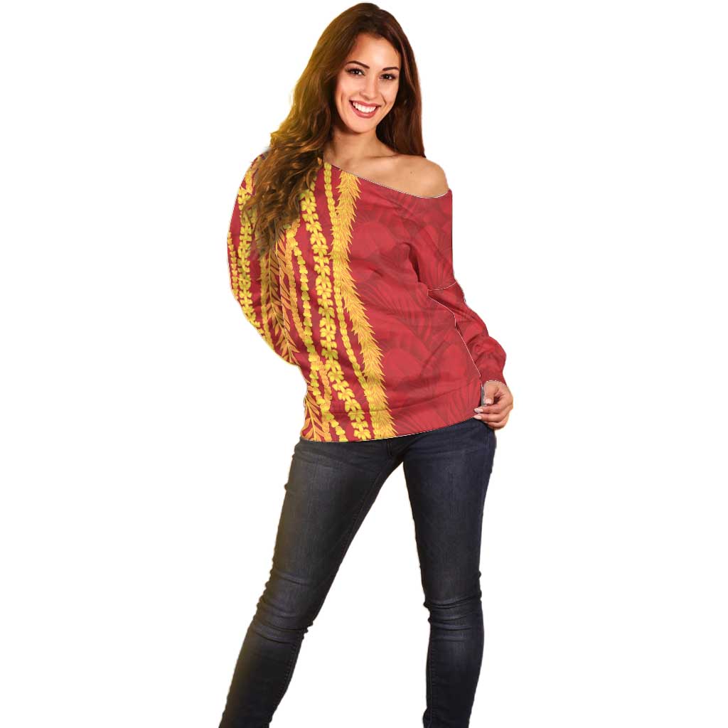 Hawaii Prince Kuhio Off Shoulder Sweater Red Hawaiian Lau Maia With Leis LT05 - Polynesian Pride