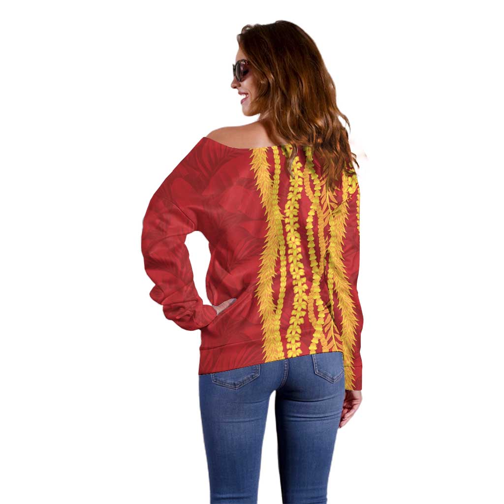 Hawaii Prince Kuhio Off Shoulder Sweater Red Hawaiian Lau Maia With Leis LT05 - Polynesian Pride