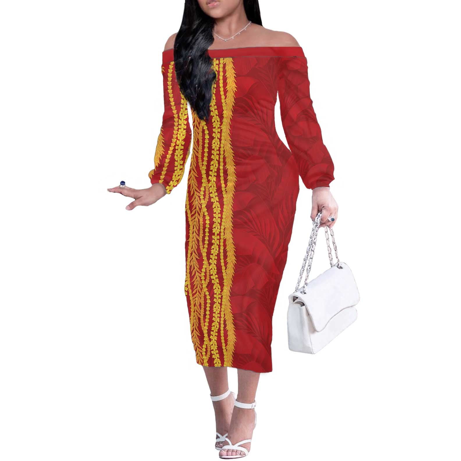 Hawaii Prince Kuhio Off The Shoulder Long Sleeve Dress Red Hawaiian Lau Maia With Leis