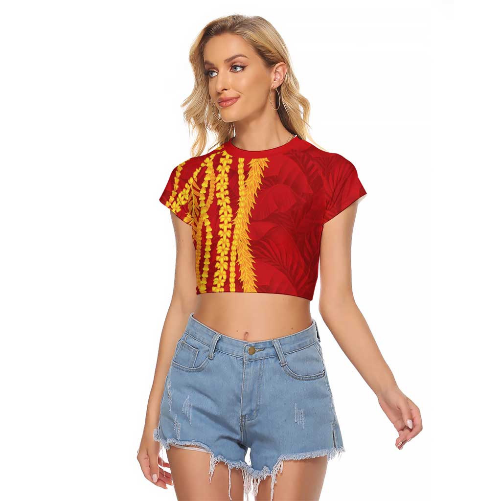 Hawaii Prince Kuhio Raglan Cropped T Shirt Red Hawaiian Lau Maia With Leis LT05 Female Red - Polynesian Pride