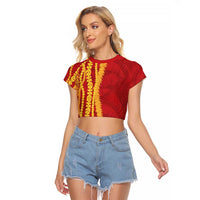 Hawaii Prince Kuhio Raglan Cropped T Shirt Red Hawaiian Lau Maia With Leis LT05 Female Red - Polynesian Pride