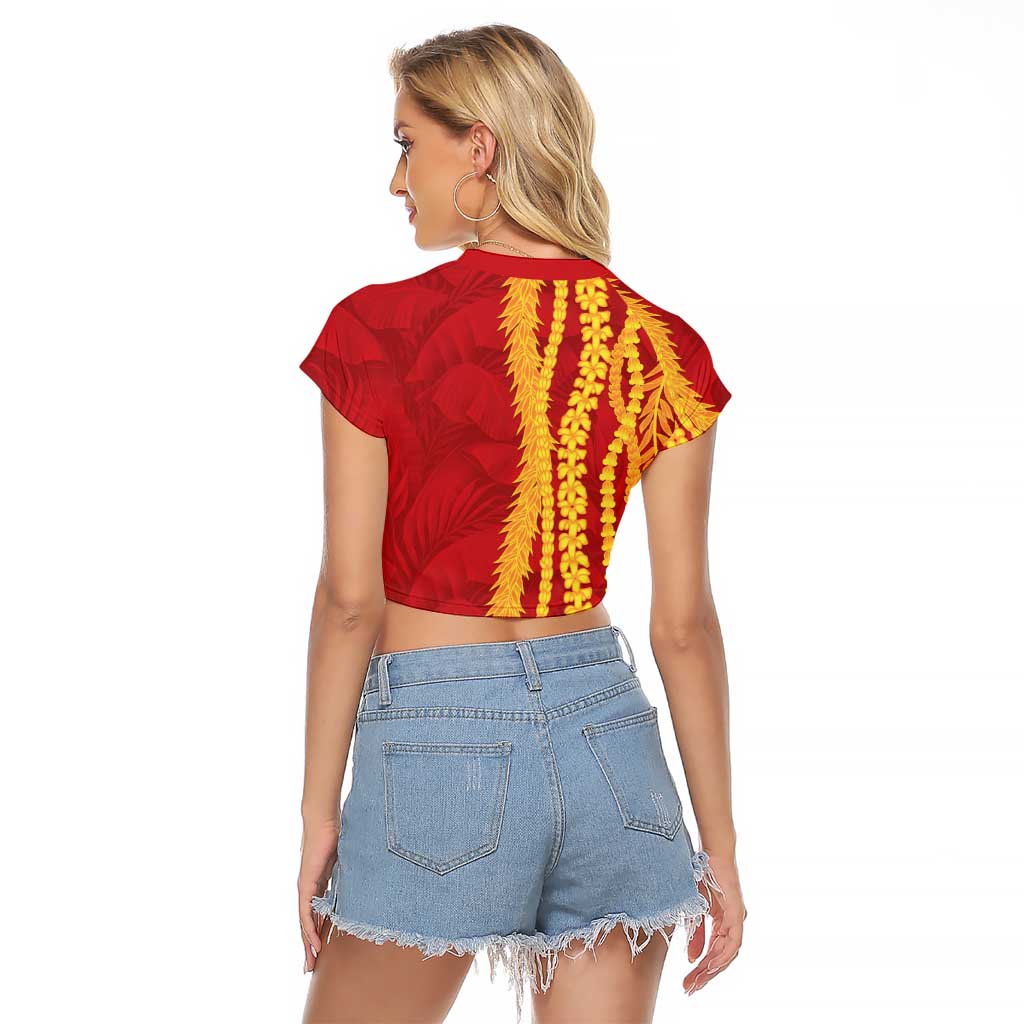 Hawaii Prince Kuhio Raglan Cropped T Shirt Red Hawaiian Lau Maia With Leis LT05 - Polynesian Pride