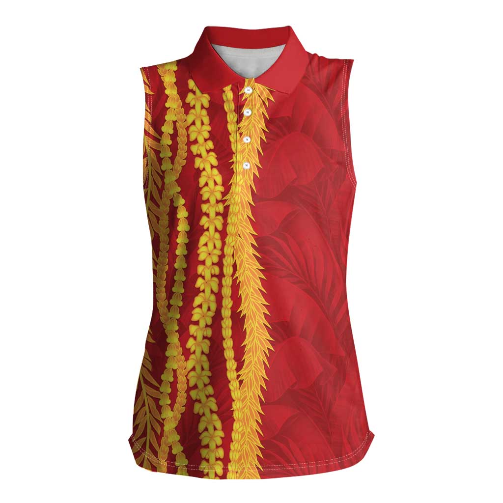 Hawaii Prince Kuhio Women Sleeveless Polo Shirt Red Hawaiian Lau Maia With Leis LT05 Female Red - Polynesian Pride