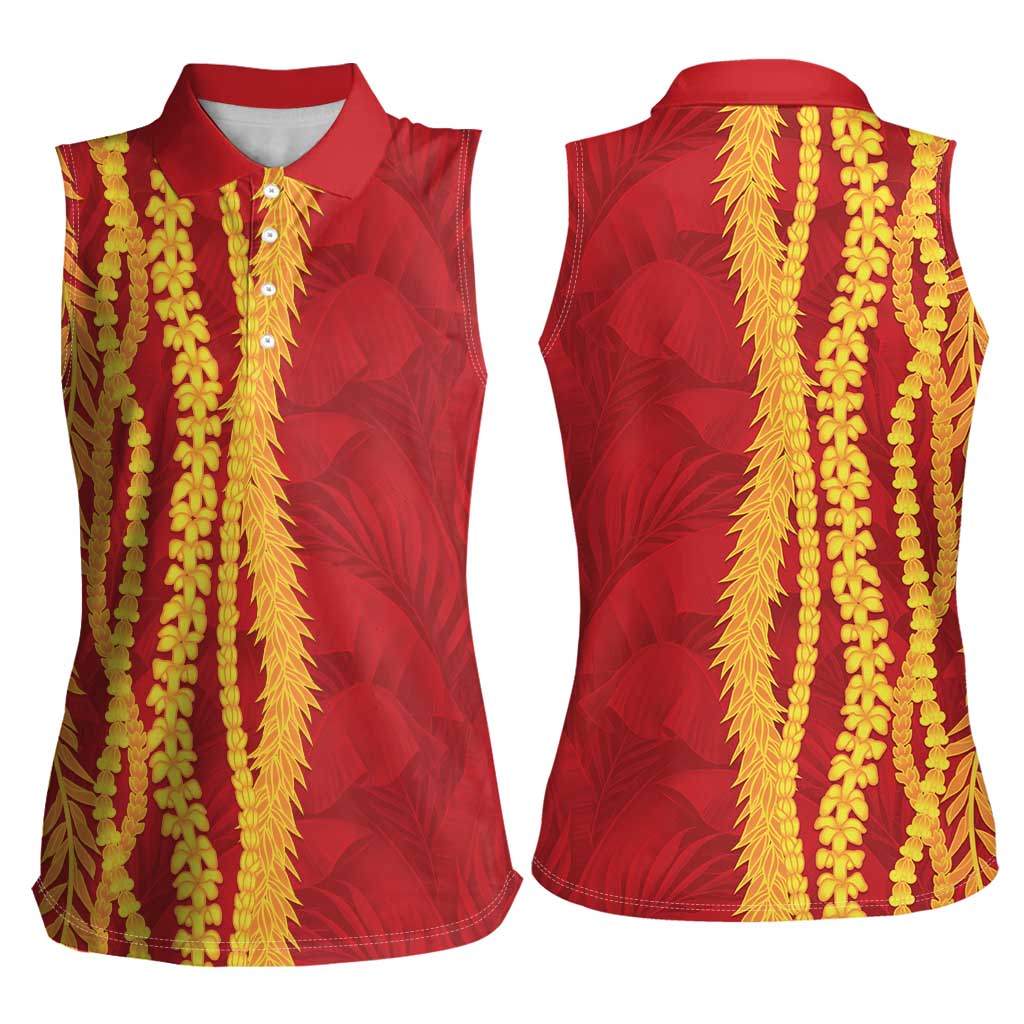 Hawaii Prince Kuhio Women Sleeveless Polo Shirt Red Hawaiian Lau Maia With Leis LT05 - Polynesian Pride