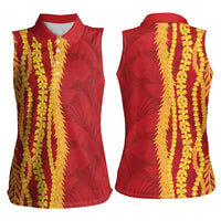 Hawaii Prince Kuhio Women Sleeveless Polo Shirt Red Hawaiian Lau Maia With Leis LT05 - Polynesian Pride