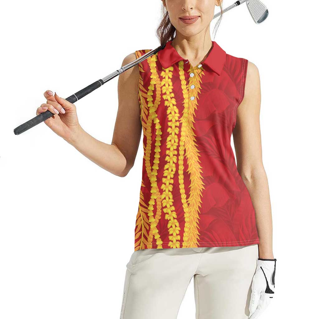 Hawaii Prince Kuhio Women Sleeveless Polo Shirt Red Hawaiian Lau Maia With Leis LT05 - Polynesian Pride