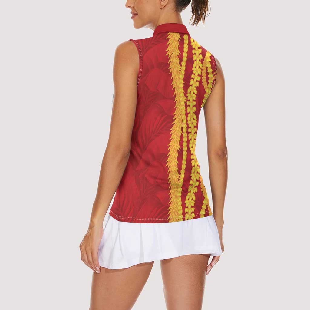 Hawaii Prince Kuhio Women Sleeveless Polo Shirt Red Hawaiian Lau Maia With Leis LT05 - Polynesian Pride