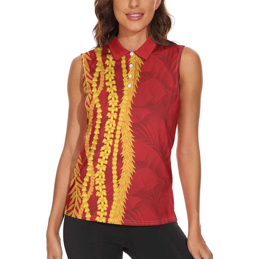 Hawaii Prince Kuhio Women Sleeveless Polo Shirt Red Hawaiian Lau Maia With Leis LT05 - Polynesian Pride