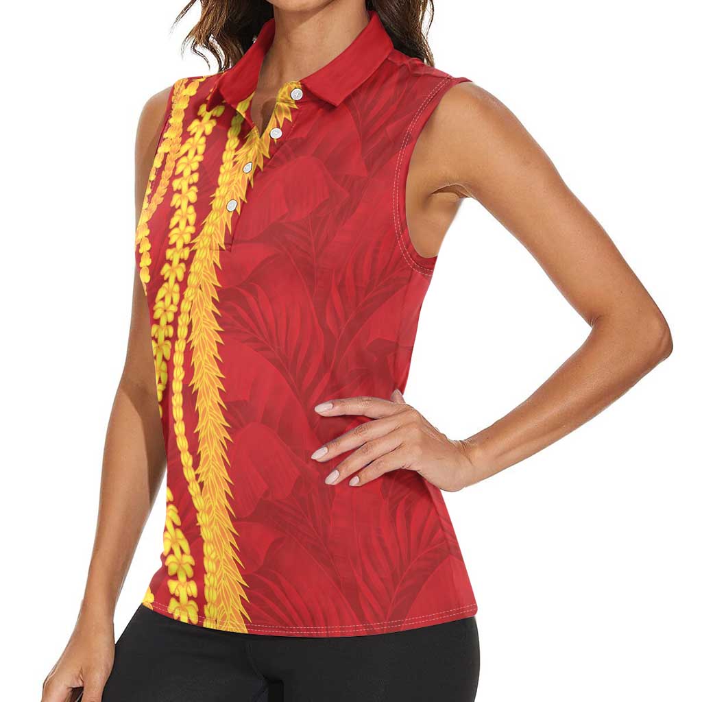Hawaii Prince Kuhio Women Sleeveless Polo Shirt Red Hawaiian Lau Maia With Leis LT05 - Polynesian Pride