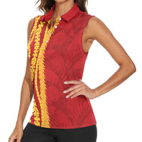 Hawaii Prince Kuhio Women Sleeveless Polo Shirt Red Hawaiian Lau Maia With Leis LT05 - Polynesian Pride