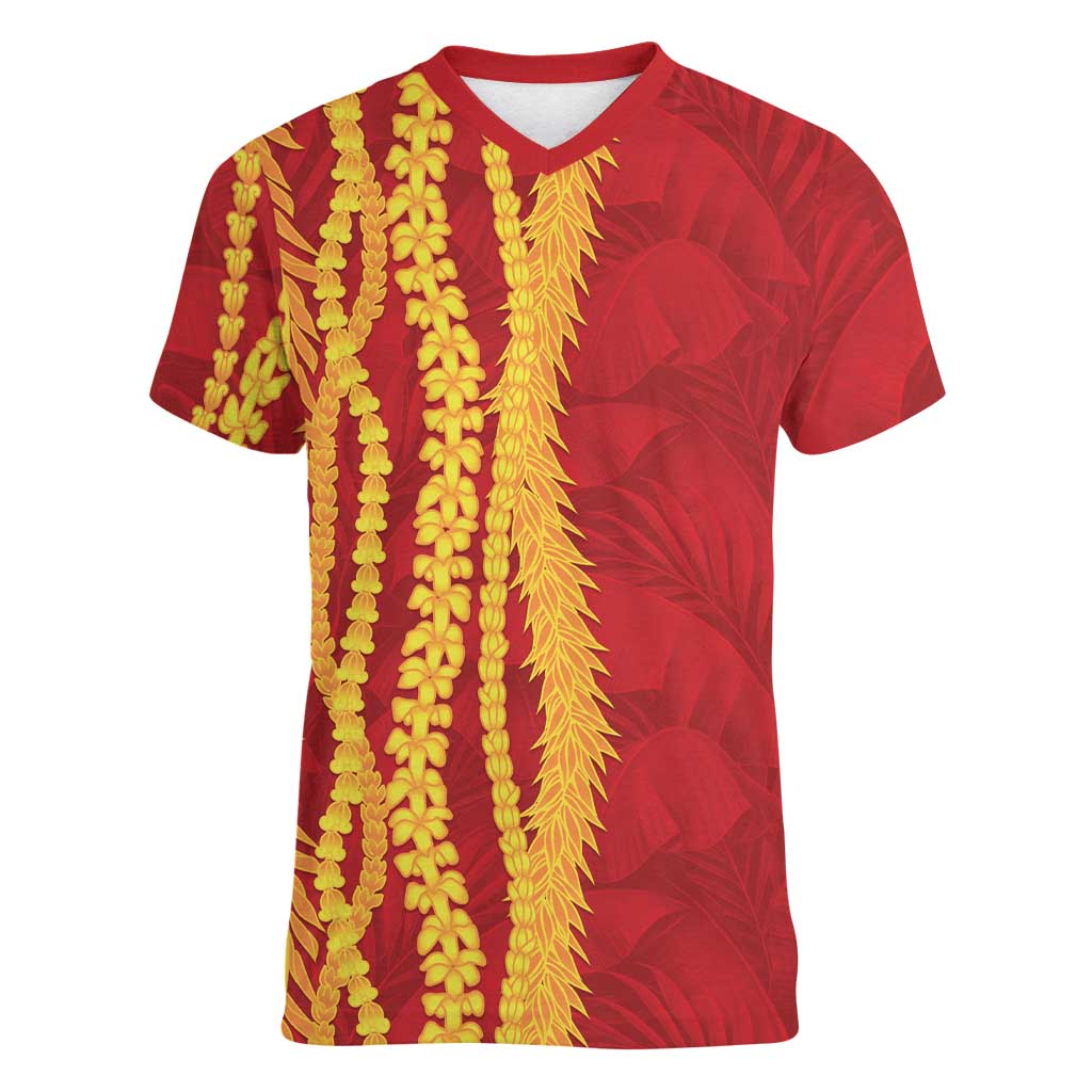 Hawaii Prince Kuhio Women V-Neck T-Shirt Red Hawaiian Lau Maia With Leis LT05 Female Red - Polynesian Pride