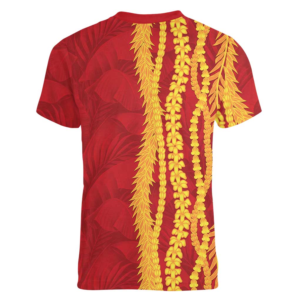 Hawaii Prince Kuhio Women V-Neck T-Shirt Red Hawaiian Lau Maia With Leis LT05 - Polynesian Pride