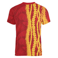 Hawaii Prince Kuhio Women V-Neck T-Shirt Red Hawaiian Lau Maia With Leis LT05 - Polynesian Pride