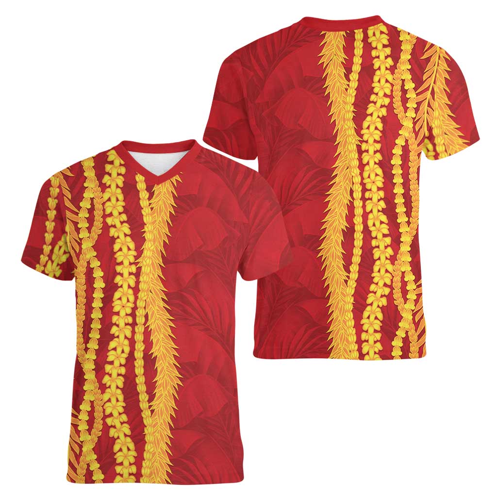 Hawaii Prince Kuhio Women V-Neck T-Shirt Red Hawaiian Lau Maia With Leis LT05 - Polynesian Pride