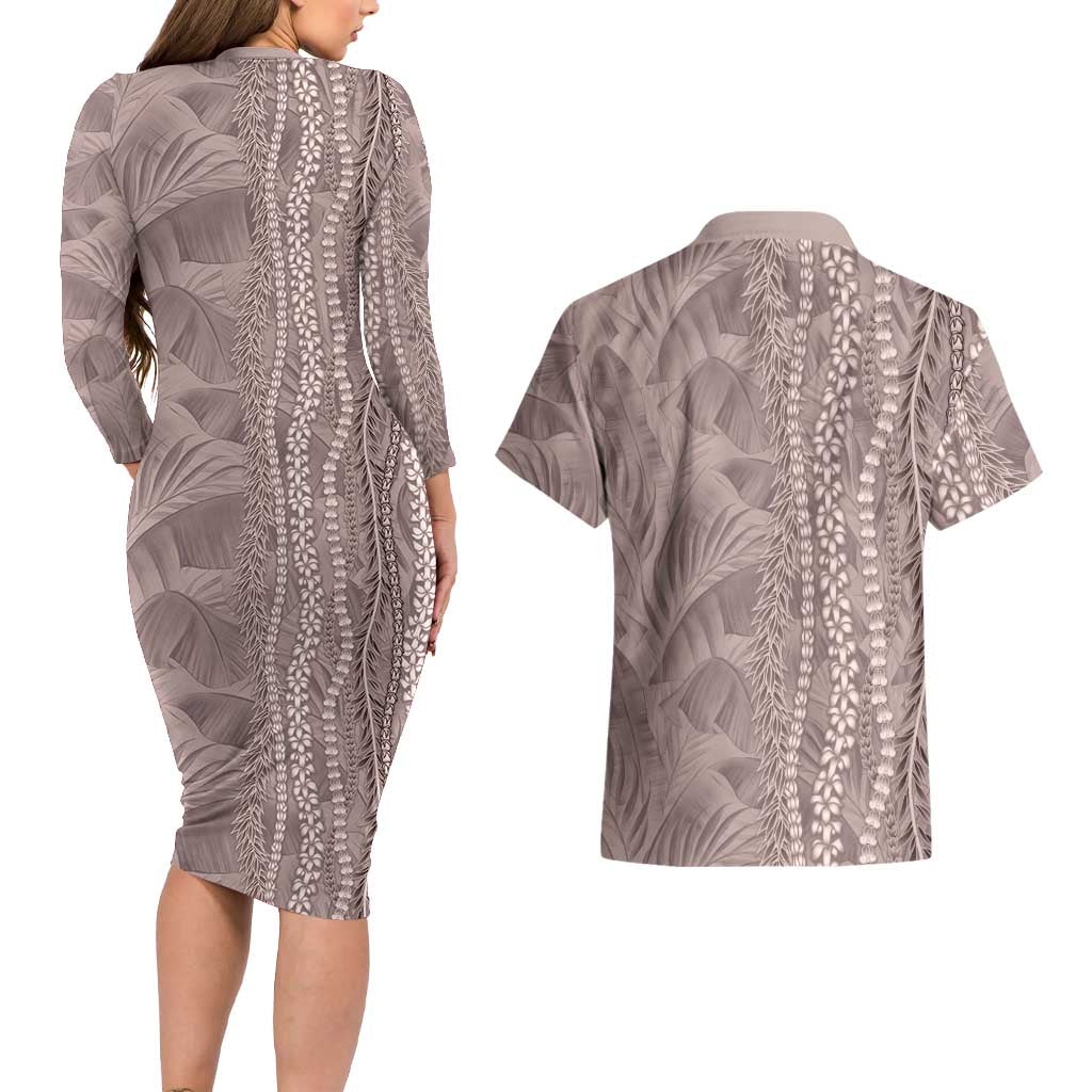 Hawaii Prince Kuhio Couples Matching Long Sleeve Bodycon Dress and Hawaiian Shirt Mocha Hawaiian Lau Maia With Leis