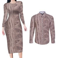 Hawaii Prince Kuhio Couples Matching Long Sleeve Bodycon Dress and Long Sleeve Button Shirt Mocha Hawaiian Lau Maia With Leis