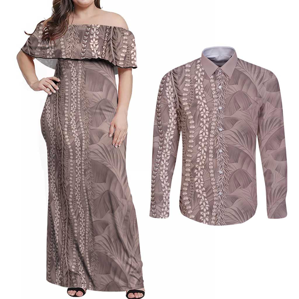 Hawaii Prince Kuhio Couples Matching Off Shoulder Maxi Dress and Long Sleeve Button Shirt Mocha Hawaiian Lau Maia With Leis