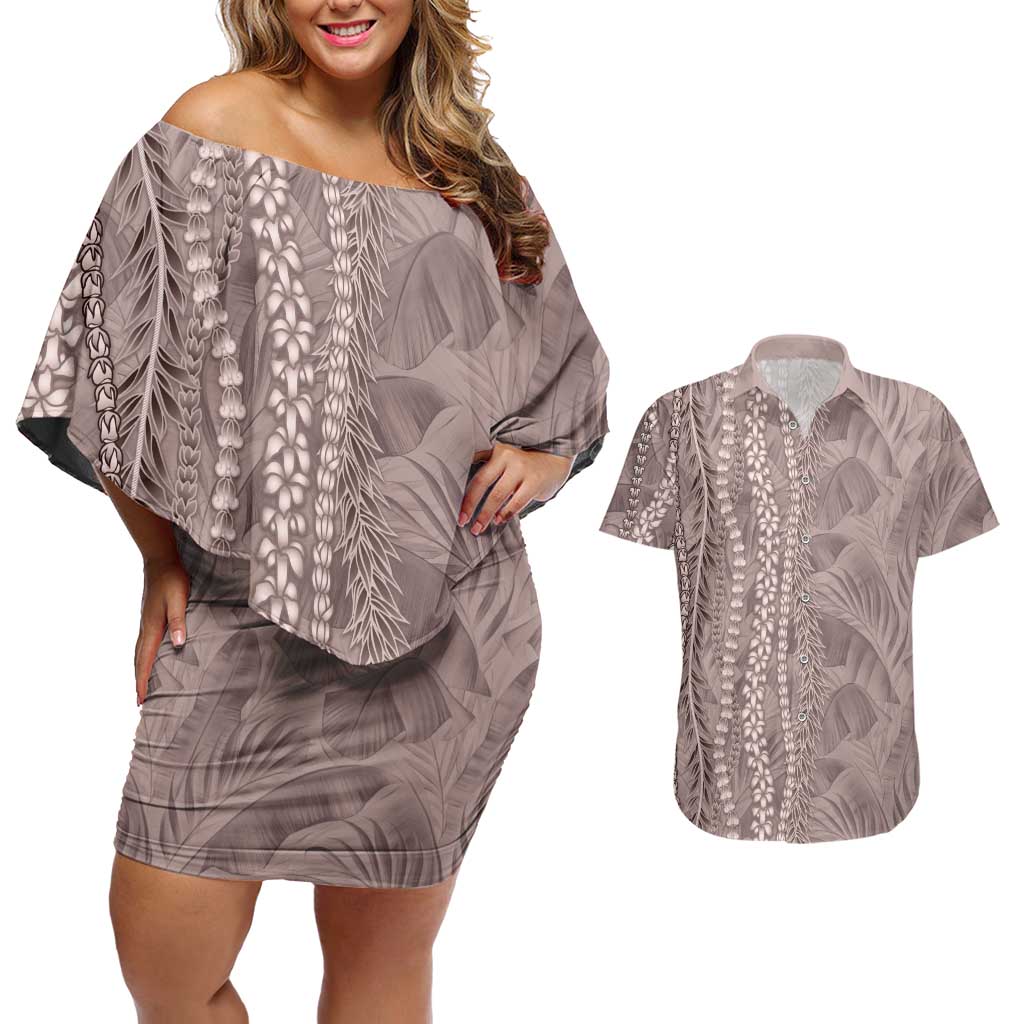 Hawaii Prince Kuhio Couples Matching Off Shoulder Short Dress and Hawaiian Shirt Mocha Hawaiian Lau Maia With Leis LT05 Mocha - Polynesian Pride