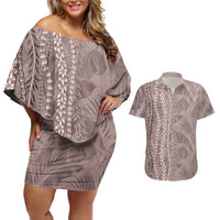 Hawaii Prince Kuhio Couples Matching Off Shoulder Short Dress and Hawaiian Shirt Mocha Hawaiian Lau Maia With Leis LT05 Mocha - Polynesian Pride