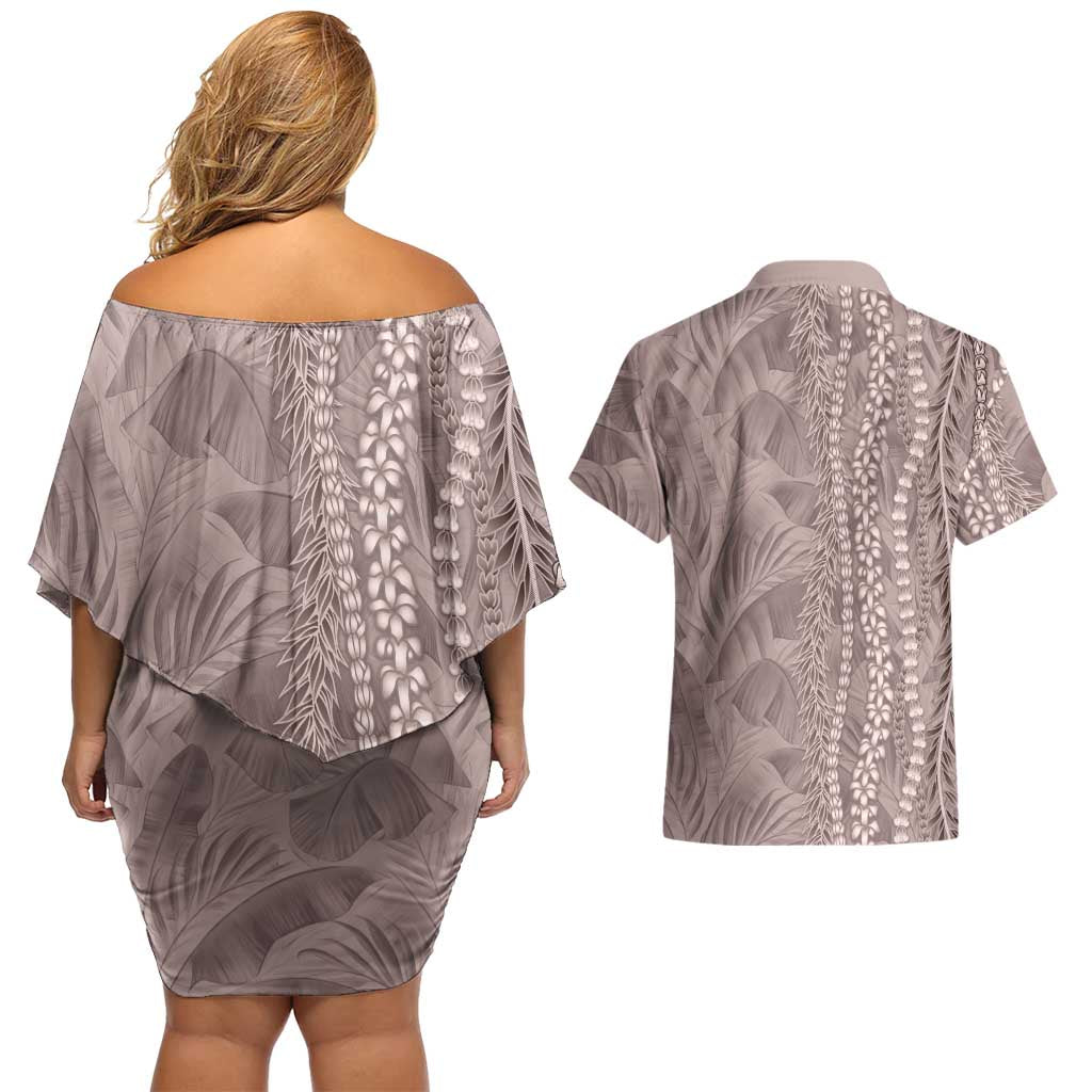 Hawaii Prince Kuhio Couples Matching Off Shoulder Short Dress and Hawaiian Shirt Mocha Hawaiian Lau Maia With Leis LT05 - Polynesian Pride