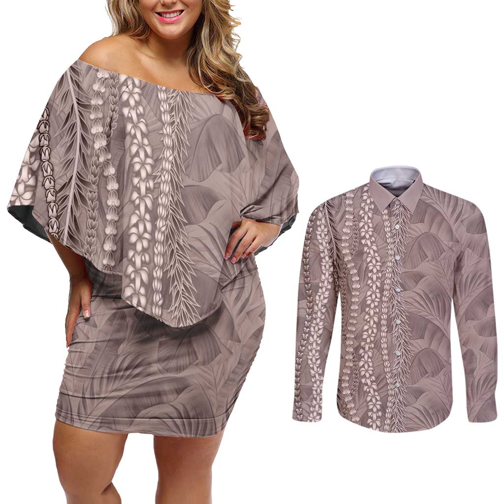 Hawaii Prince Kuhio Couples Matching Off Shoulder Short Dress and Long Sleeve Button Shirt Mocha Hawaiian Lau Maia With Leis