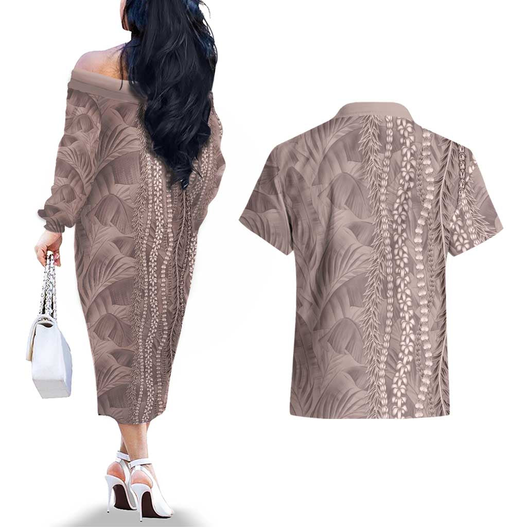 Hawaii Prince Kuhio Couples Matching Off The Shoulder Long Sleeve Dress and Hawaiian Shirt Mocha Hawaiian Lau Maia With Leis LT05 - Polynesian Pride