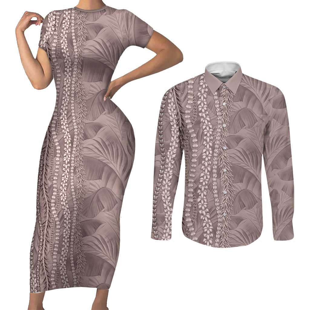 Hawaii Prince Kuhio Couples Matching Short Sleeve Bodycon Dress and Long Sleeve Button Shirt Mocha Hawaiian Lau Maia With Leis