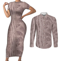 Hawaii Prince Kuhio Couples Matching Short Sleeve Bodycon Dress and Long Sleeve Button Shirt Mocha Hawaiian Lau Maia With Leis